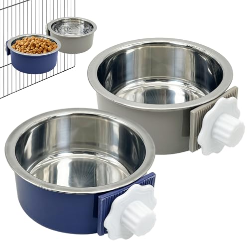 Tfwadmx 2 Pcs Crate Dog Bowl Cat Removable Stainless Steel Food and Water Feeder Hanging Cage Bowls Coop Cup with Cleaning Set for Pet Puppy Bird Rat Guinea Pig Bunny Rabbit (Dark Blue, Gray) - color: Dark Blue, Gray (2 PCS)