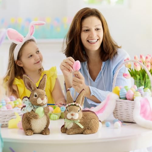 DoubleFill 2 Pcs Easter Bunny Figurine Easter Wooden Bunny Figurines Farmhouse Rabbit Table Decoration for Spring Office Centerpiece Decor Party Supplies - style: Elegant Style
