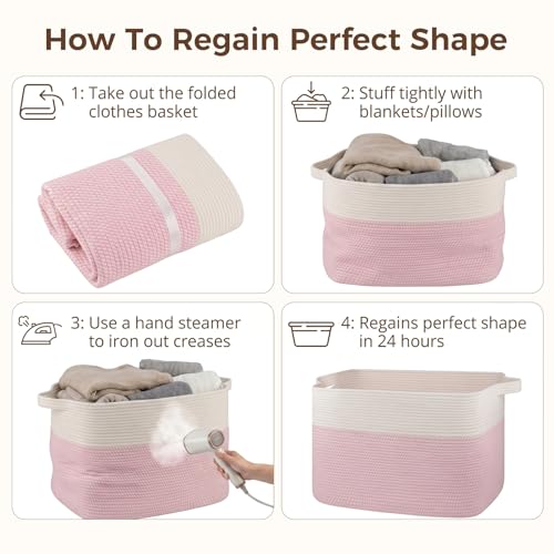 OIASKET 108L Cotton Rope Storage Basket for Living Room and Bedroom 25"x16"x16" Woven Laundry Basket, Heavy Duty Bin for Blankets, Pillows & Toys, Pet-Safe & Scratch-Free, Pink and White - color: Pink & White