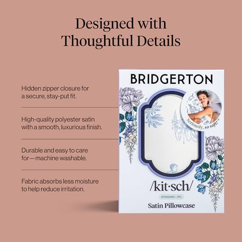 Bridgerton x Kitsch Satin Pillowcase W/Zipper - Size 19x26, Garden Toile | Softer Than Silk Pillow Cases, Smooth Cooling Satin Pillow Case for Hair and Skin, Wrinkle-Free, Machine Washable - color: Garden Toile, size: Standard/Queen (1 Pack)
