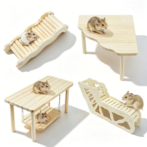 4Pcs Hamster Cage Accessories Platform Wooden Tunnel Hideout Toy | Hamsters Hideout Climbing Toy for Pets Dwarf Syrian Mice Degus Gerbils Squirrel or Other Small Pets