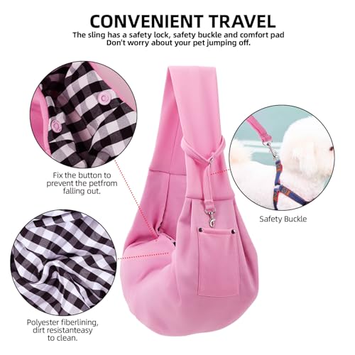ARZQUT Dog and Cats Carrier Sling, Small Pet Carrier with Storage Pocket | Reversible Puppy Sling Carrier, Safety Buckle, Storage bag, Machine Washable for Travel, Outdoor Activitie, Hand-Free, Pink - color: Pink