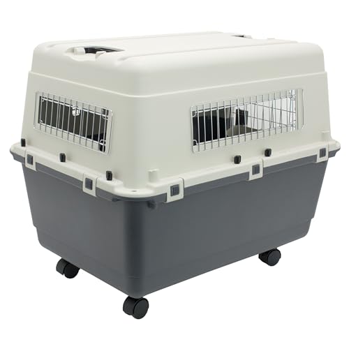 SportPet Airline Compliant LARGE 31.5" Travel Dog Kennel-Durable Plastic Airline Pet Carrier w/ Removable Wheels & Food Bowls, Collapsible Indoor/Outdoor Dog Kennel, Dogs up to 28"L & 20"H-Cream/Gray - color: Cream/Gray