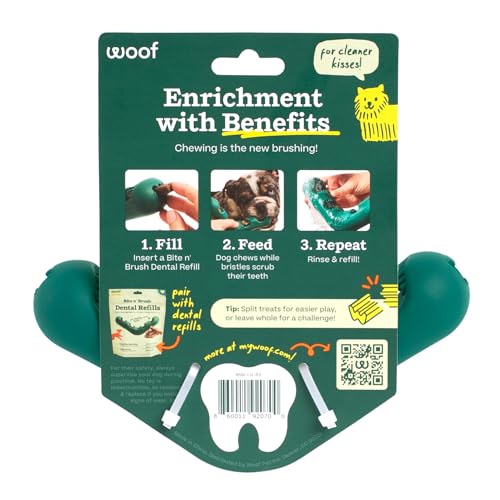 WOOF Bite n' Brush Dog Dental Chew Toy for Medium to Large Dogs 25 lbs & Up | Dog toothbrush toy, V-shaped design, reusable, easy to clean, dental dog toy - size: Large