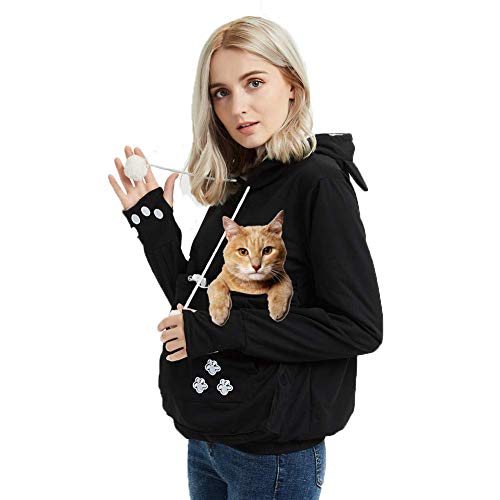 Womens Pet Carrier Sweater Dog Cat Pouch Hoodies Plus Size Tops - color: Black, size: Small