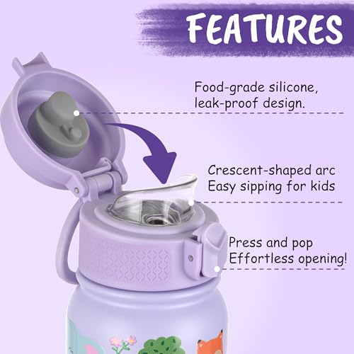 GOPPUS Kids Insulated Water Bottle 12oz, Leakproof Stainless Steel Thermos, BPA Free Double Wall Vacuum Insulated Bottle for School, Travel, Sports & Outdoor Activities, Boys Girls - color: Purple Zoo