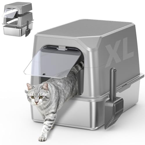 XL Stainless Steel Litter Box with Lid, Enclosed Cat Litter Box,Front Entry | XL for Big Cats, High Sides Enclosed Design, Anti-Urine Leakage, Non-Stick Odor-Free, Easy Clean, Reduce Litter Tracking - color: 14 - Light Gray (Pack of 1)