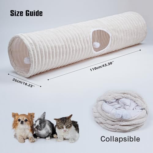 Luxurious Cat Tunnel,43" Straight Cat Tunnel Toys with Balls for Indoor,Collapsible Peekaboo Cave for Kitten （White Stripe）