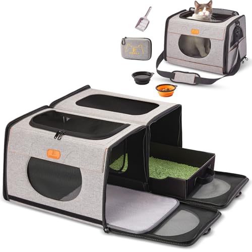 Cat Travel Carrier with Litter Box, Large Cat Carrier for Car | Double Cat Carrier, Pet Carrier 2-in-1, Cat Crate for kitten 2 cats, Collapsible Travel Transport carrier for Long Distance