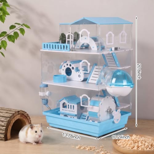 Eccliy 15 in 1 Clear 3-Layer Acrylic Hamster Cage with All Accessories, 20 x 13.7 x 10 Inch Dwarf Hamster House, Magnetic Connection Small Pet Enclosure, Garden Style Mouse Cage for Pet Mice (Blue) - color: Blue
