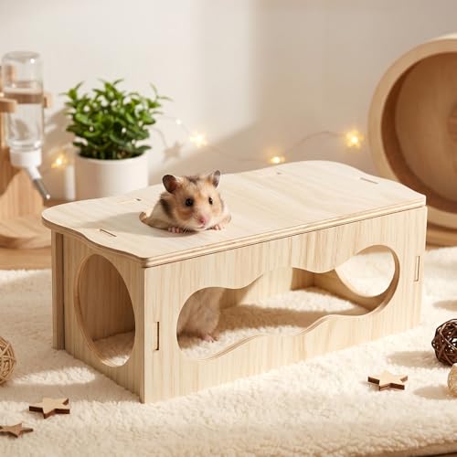 Hamster Tunnel Hideout Wooden House, Medium Wooden Hamsters Inspired Tunnels Hamster with Side Top Windows Peep Tunnels Chamber Hideout Tunnel Smooth Streamlined Design for Dwarf and Syrian Hamsters