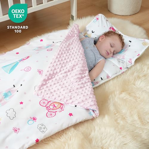 david's kids Toddler Nap Mat with Removable Pillow and Minky Fleece Blanket, 55"x23",Ultra Soft Slumber Bags for Girls, Perfect for Preschool, Daycare, Kids Sleeping Bags with Rollup Design, Princess - color: Princess