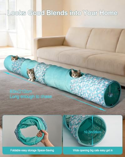 Cat Tunnel, 3 Straight Shaped Tunnels 6 DIY Shapes with Wand Toys, No Noise Scratch Resistant Cool Linen Fabric, Interactive Pet Tunnel Tube for Indoor Cats, Puppy and Rabbits - color: Blue Flower