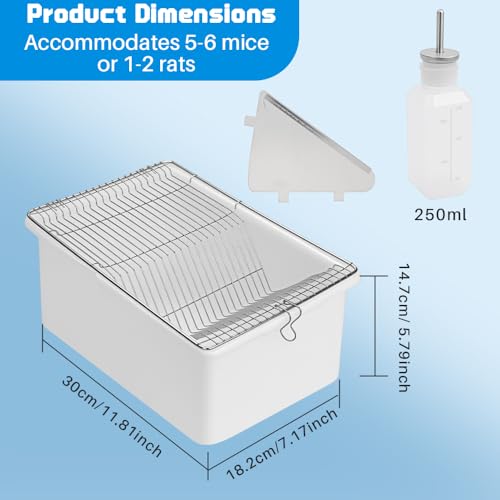 2-Pack Lab Mouse Rat Rodent Cage, PP High Temperature High Pressure with 250 ML Silicone Water Bottle Aluminum Food Retaining Plate for 5-6 Mice or 1-2 Rats (12.59"x8.46"x6.69")
