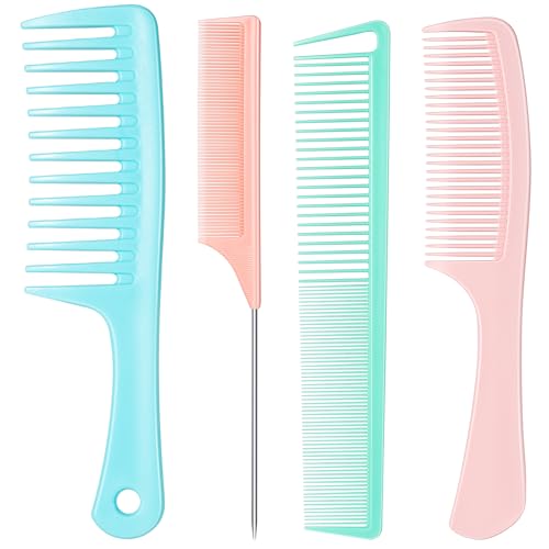 SALONSILK Dopamine Colorful 4PCS Professional Comb Set, Wide Tooth Rat Tail Fine Tooth Hair Combs, Braiding Cutting Barber Styling Curly Parting Set for Men and Women - color: Dopamine-4 PCS