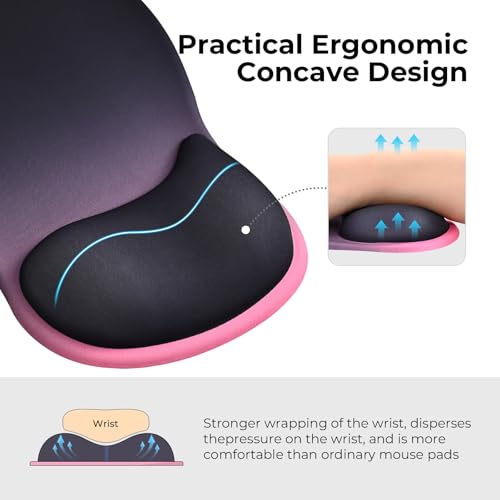 EooCoo Mouse Pad with Gel Wrist Rest, Ergonomic Mousepad Wrist Alignment | Middle Concave Design for Natural Wrist Alignment, Non-Slip Base Mousepad, Carpal Tunnel Relief, Office Desk Accessories - color: Black Pink