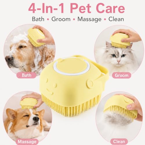 Dog and Cat Bath Brush with Shampoo Dispenser, Silicone Pet Grooming Brush for Dogs Cats, Soft Massage Scrubber for Bath, Easy Clean Ergonomic Pet Shower Brush for Small Medium Pets Yellow - color: Yellow