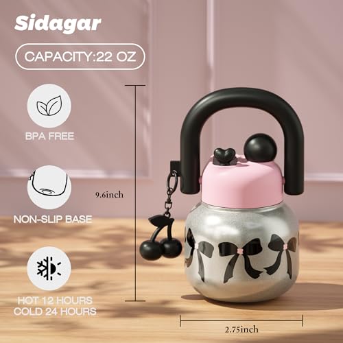 22 oz Tote Insulated Water Bottle with Handle, Leakproof, Bow | Cute design with durable 316L stainless steel, dual sip, keeps drinks hot or cold longer, travel and everyday hydration - color: Silver