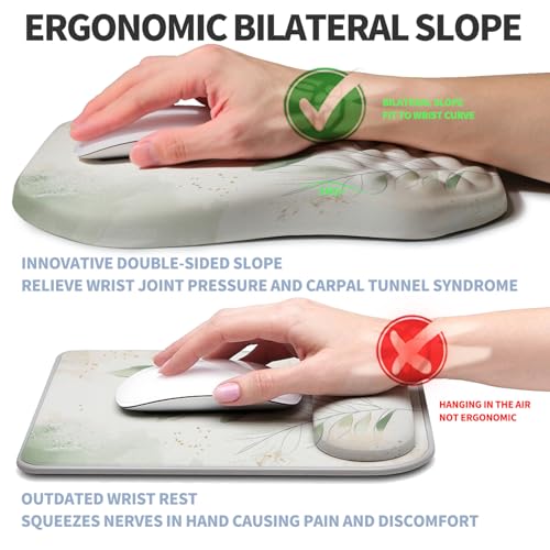 Ergonomic Raised Mouse Pad Wrist Support with Bilateral Slope Memory Foam Mousepad for Wrist Rest and Carpal Tunnel Pain Relief 11.8x7.9〃 Green Leaf - color: Green Leaf