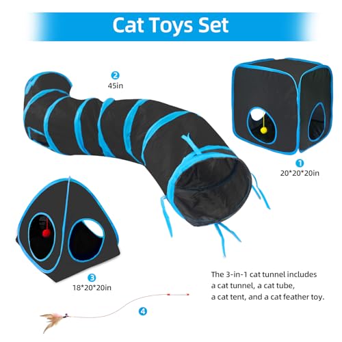 Cat Tunnels for Indoor Cats with Tent Cube and Feather Toy Collapsible Combo, Pop Up Cat Play Tunnel with Interactive Cat Toy Ball for Kitten, Ferret, Puppy, Guinea Pig, Rabbit, Bunny, Blue