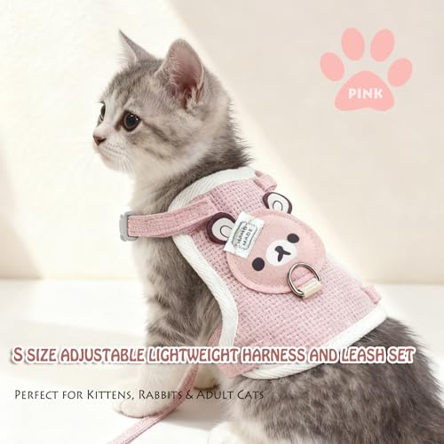 LeLehome Cat Vest Harness and Leash Set - Soft Fabric Cute Pink Bear, Adjustable Straps Walking Escape Proof for Kitten, Puppy, Rabbit (S)