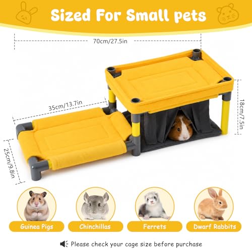 Guinea Pig Bunk Bed 27.5 x 9.8 x 7.5 in, 2-tier Small Animal Hideout with Washable Pads & Soft Curtains, Space-saving Cozy Corner Bed for Guinea Pigs, Chinchillas, Ferrets, Dwarf Rabbits (Large)