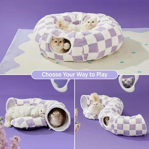 Lesure Donut Cute Jacquard Cat Tunnel Bed Kitten Toys for Puppy Bunny | 33.5x33.5x10in,Round Cat Bed Tube for Indoor Cats Rabbit Dog,Pet Peekaboo Cave Toy,Spiral Hideaway,Washable Cushion,Lavender - color: Lavender Checks, size: Standard (33.5"L x 33.5"W
