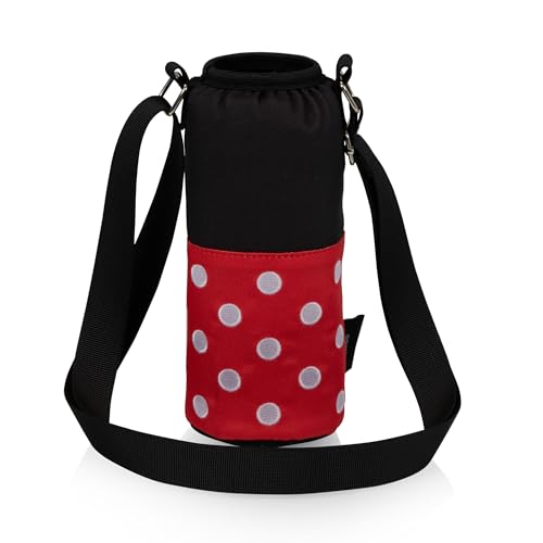 Picnic TIME Disney Shorts Bottle Cooler Tote, Insulated Water Bottle Holder with Adjustable Shoulder Strap for Travel Picnic Theme Parks, Fits 20 to 26 oz Bottles - color: Disney Minnie Mouse - Black with Red Pattern