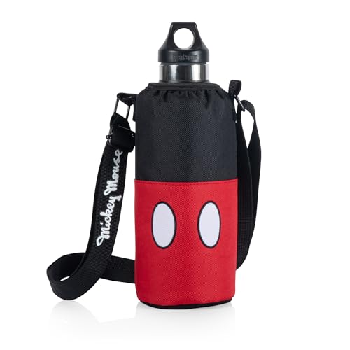 Picnic TIME Disney Shorts Bottle Cooler Tote, Insulated Water Bottle Holder with Adjustable Shoulder Strap for Travel Picnic Theme Parks, Fits 20 to 26 oz Bottles - color: Disney Mickey Mouse - Black with Red Pattern