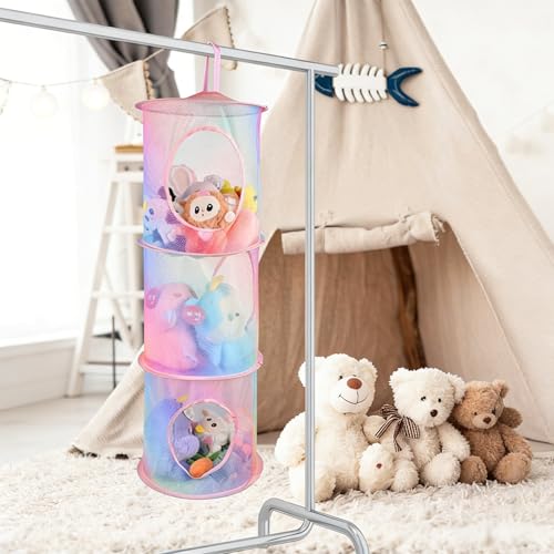 ChezMax Hanging Mesh Stuffed Animal Storage - 3 Tiers 2 Pack Large Stuffed Animal Net Organizer, Foldable Space Saver Bags Basket Organization Holder Room Bedroom Playroom Wardrobe Rainbow - color: 3 Tier - Rainbow