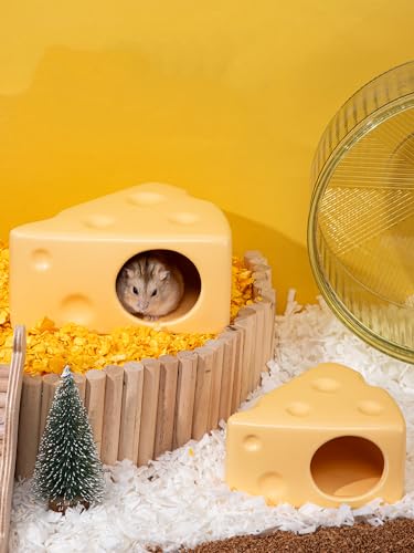 Hamster Hideout Ceramic,Cheese Shape Funny Small Animal Pet Bed for Hamster,MINI Hut Cave Cage Accessories for Dwarf Hmaster,Gerbils,Small Guinea Pig and Hedgehog (Small,Yellow) - size: Medium