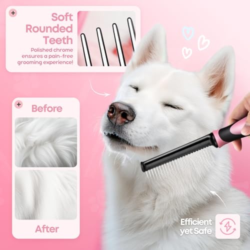 Flexzion Metal Pet Comb for Cats & Dogs - Sturdy Stainless Steel Rounded Teeth with Non-Slip Soft Grip Handle Easy to Use Grooming Detangling Cat Combs for Indoor Cats, Pink - color: Chrome,Pink