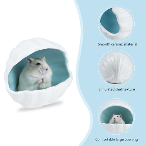 WishLotus Ceramic Hamster Hideout, Adorable Sea Shell Shaped Hamster House, Large-Opening Small Animal Hideout, Small Animal Hideout Habitat Decor for Dwarf Hamsters Gerbils Chinchilla - color: Blue