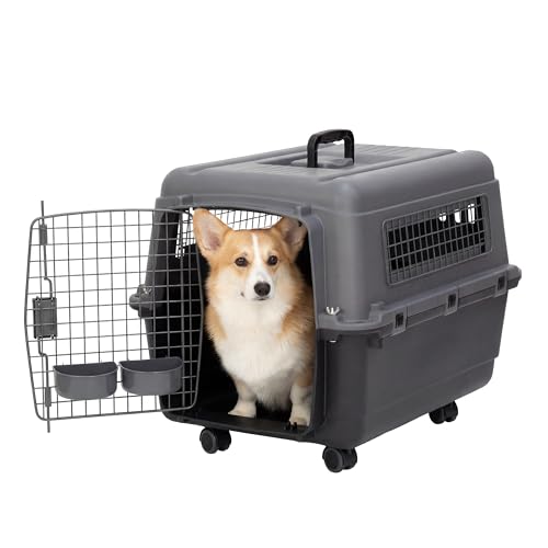 SportPet Airline Compliant MEDIUM 26.5" Travel Dog Kennel-Durable Plastic Airline Pet Carrier w/ Removable Wheels & Food Bowls, Collapsible Indoor/Outdoor Dog Kennel, Dogs up to 23"L & 15"H-Dark Gray - color: Dark Gray