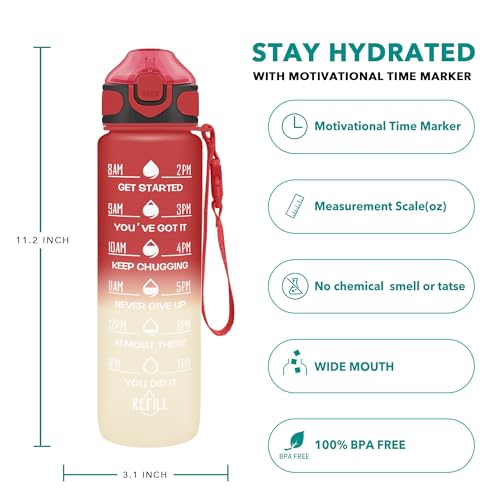 Enerbone 32 oz Drinking Water Bottle with Times to Drink and Straw, Motivational with Carrying Strap, Leakproof BPA & Toxic Free, Ensure You Drink Enough Water for Fitness Gym Outdoor - color: Cherry Cream
