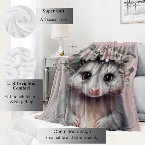 Cute Possum Blanket Sweet Opossum Pink Throw Blankets,Gifts for Kids Woman Adult,Lightweight Soft Fleece,Animal Floral Crown Design,for Sofa Couch Bed Room Modern Artistic Decor 40x50in - color: Possum, size: 40x50in