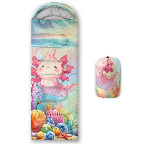 QOOMO Camping Sleeping Bags,3 Season Warm & Cool Weather,Lightweight,Waterproof Sleeping Bags for Adults & Kids,Traveling,and Outdoors,Camping Gear Equipment - color: cartoon axolotl