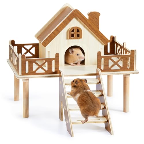 Wooden Hamster Platform and Cute Habitat House with Climbing Ladder | Made Of Thick Natural Wood, Includes A Platform For Feeding Supplies & Hideout To Save Cage Space And Serve As A Lovely Decor - color: platform & house