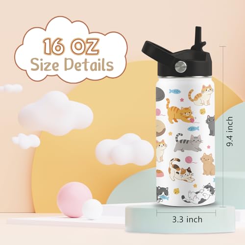 Cute Water Bottle with Straw Lid, 16 oz Cat Water Bottle, Cat Gifts | Stainless Steel Insulated Tumbler, Cute Cats Birthday Cups Gifts for Boys Girls Cats Lovers - color: Cats