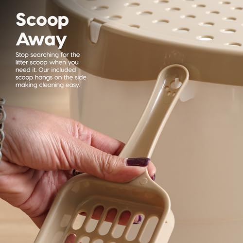 IRIS USA Large Top Entry Cat Litter Box, Hooded Privacy, Beige | Dog-Free Zone, Enclosed Top Access, Protected Interior, Dog Proof Pan, Odor Trapping, Reduced Tracking - color: White w/ Scoop