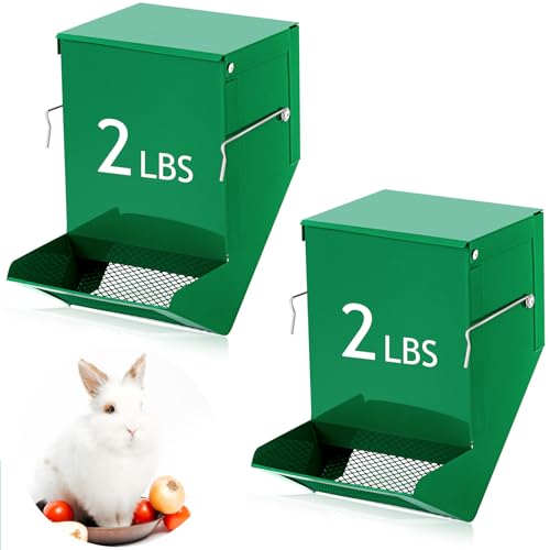 2 Pcs Rabbit Feeder for Cages Small Animal Food Pellet Dispenser with Lid Metal Chicken Grit Oyster Shell Squirrel Feeders Outside(4.7 Inches,Mesh Bottom,Green) - color: Green, size: 4.7 Inches, style: Mesh Bottom