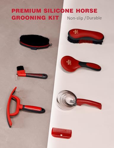 Horse Grooming Kit, 9 Piece Grooming Brush Set with Silicone Curry Comb for Bathing & Shedding Shadowberry - color: Shadowberry