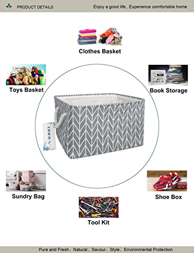 Rectangular Thick Collapsible Grey Chevron Storage Bin | Sturdy Thick linen EVA fabric,soft cotton rope handles, large chevron print for bedroom, closet, bathroom supplies - color: REC Thick Grey point