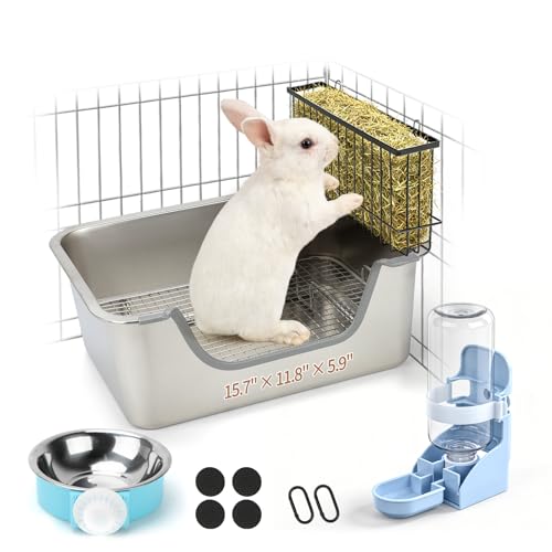 BWOGUE Stainless Steel Rabbit Litter Box, Bunny Litter Box with Hay Feeder | Raised Grid Separates Waste, High Sides Help Reduce Mess, Hay Feeder & Waterer, Easy to Clean, Guinea Pigs & Small Pets - size: S:15.7in ×11.8in × 5.9inches