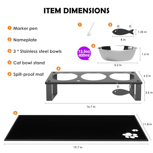 3 in 1 Elevated Cat Bowls with Splash proof Mat for Kittens, Puppies, Multi-pet Households, 10° Tilted Raised Cat Bowls Anti-Vomiting, 3 Wide Shallow Stainless Steel Bowls, Whisker Friendly, 3.5" Tall - color: Black-3bowls