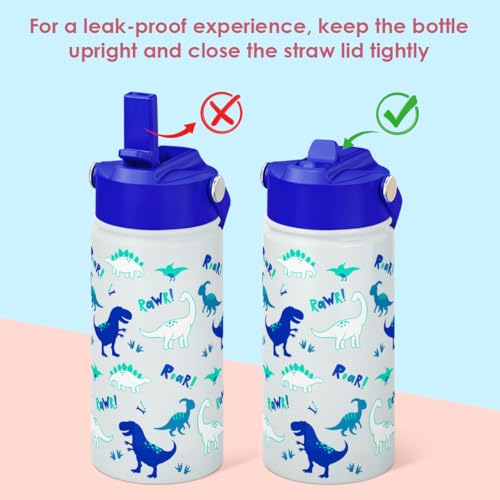 Kid Water Bottle 12oz with Straw Lid - 2-Pack Insulated Stainless Steel Water Bottles for Kids Girls - Travel Cup for Back to School Sports Christmas Birthday (Solar System & Dinosaur) - color: Dinosaur + Solar System