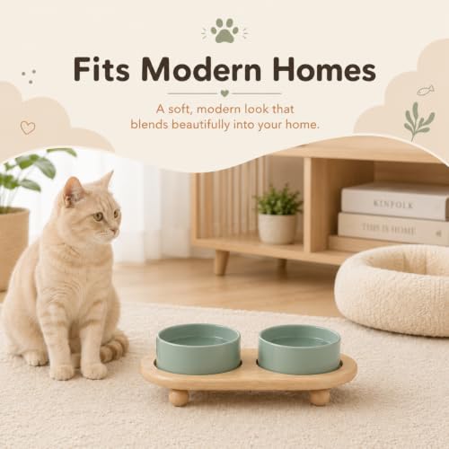 Havniva Raised Cat Bowl 5.1” Elevated Ceramic Cat Food and Water Bowl Set | Cat Bowls Elevated, Whisker Friendly Cat Bowl, Non-Slip Wood Stand, Food-Grade Ceramic, Wide Opening, Dishwasher Safe - color: 2 x Bowl + Stand - Light Green, size: 5.1inch
