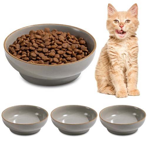 Cat Bowl Set of 3, Non Slip Dish Pet Cat Food Bowls, Shallow Water Bowl Cat Feeding Wide Bowls to Stress Relief of Whisker Fatigue, Pet Bowl for Dogs Rabbits Puppy Birds(Safe Food-Grade Ceramic) Gray - color: Grey