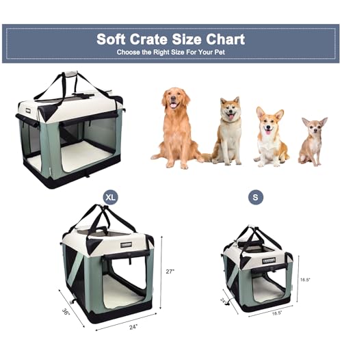 JESPET Soft Dog Crates Kennel for Pets, 3 Door Soft Sided Folding Travel Pet Carrier with Straps and Fleece Mat for Dogs, Cats, Rabbit, Indoor&Outdoor Use(5-Shale Green, Small(24"L x 16.5"W x 16.5"H)) - color: 1-Shale Green