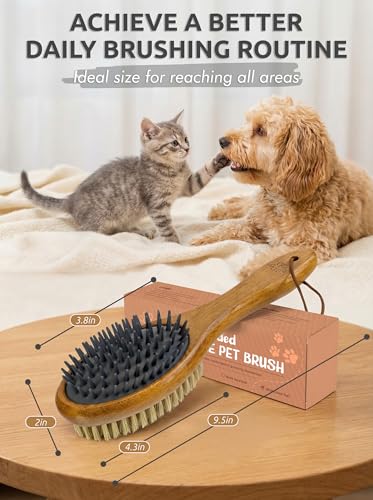 TAKAVU Short Hair Dog & Cat Deshedding Brush, Double-Sided Silicone Bristle | Grooming Brush for Pets, Gentle on Sensitive Skin, Wooden Handle, Reduces Shedding - color: White Boar Bristle & Silicone Brush